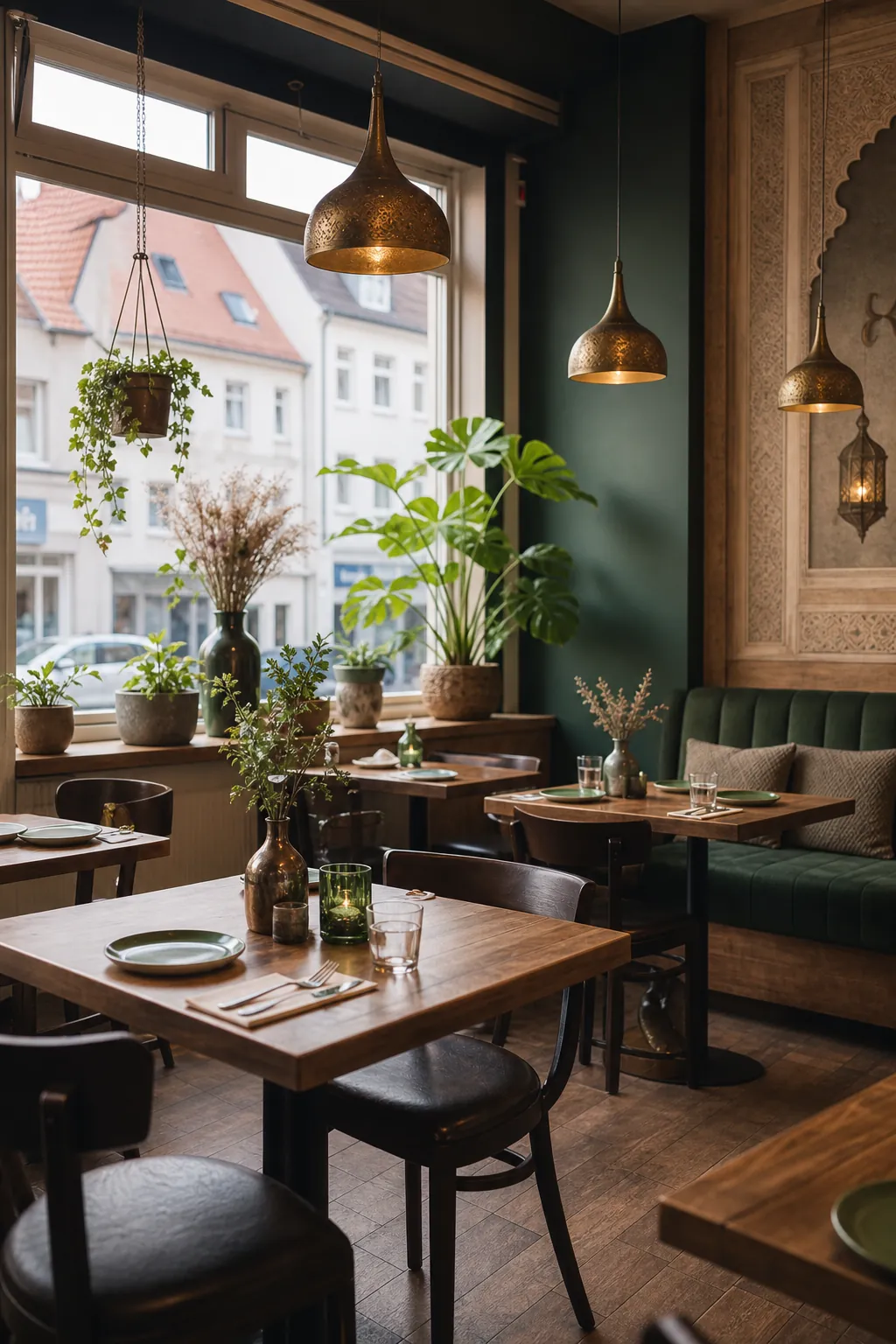 Einladendes Restaurantinterieur mit warmem Licht und grünen Akzenten