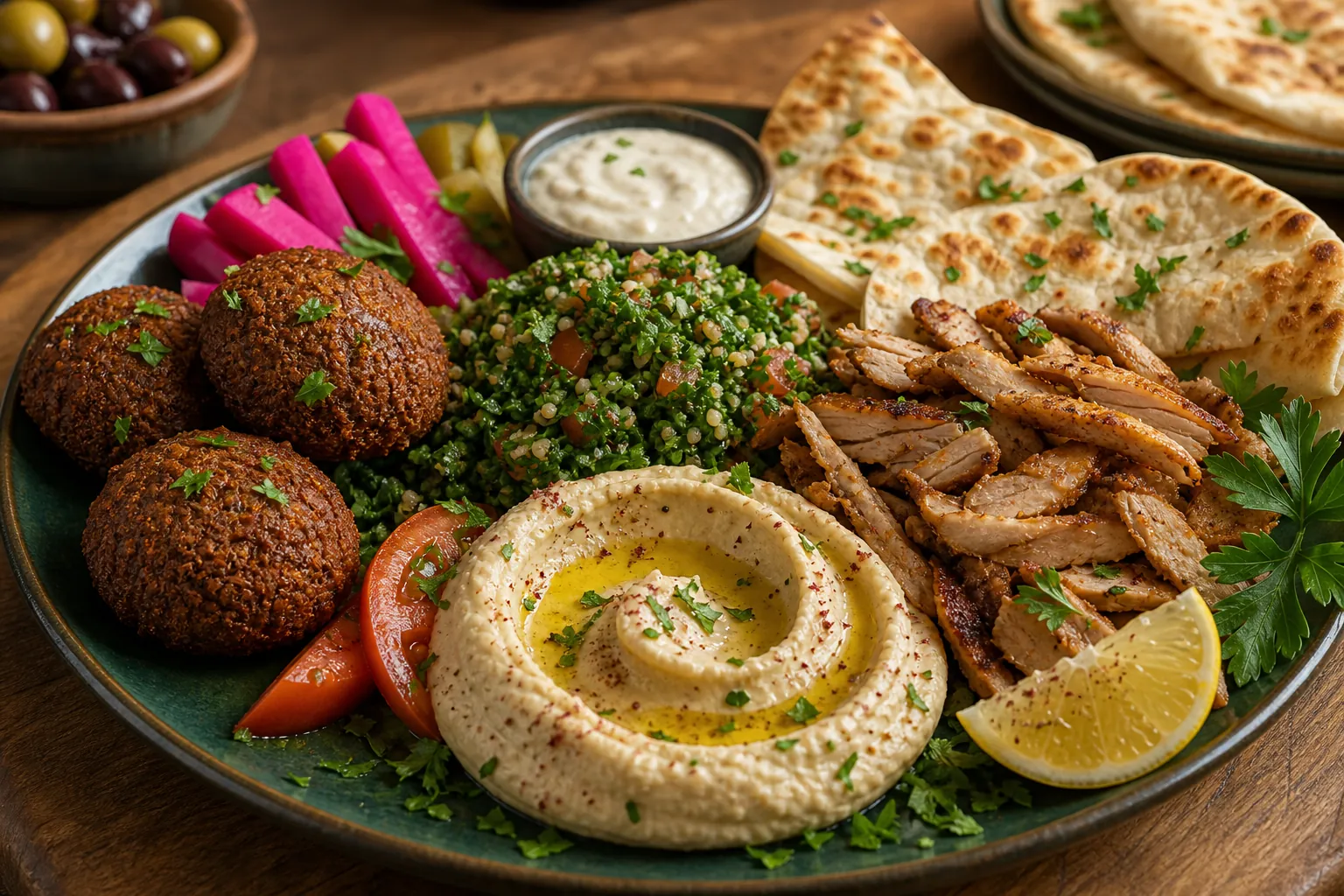 Falafel, Shawarma, Hummus und Tabouleh auf einer Platte